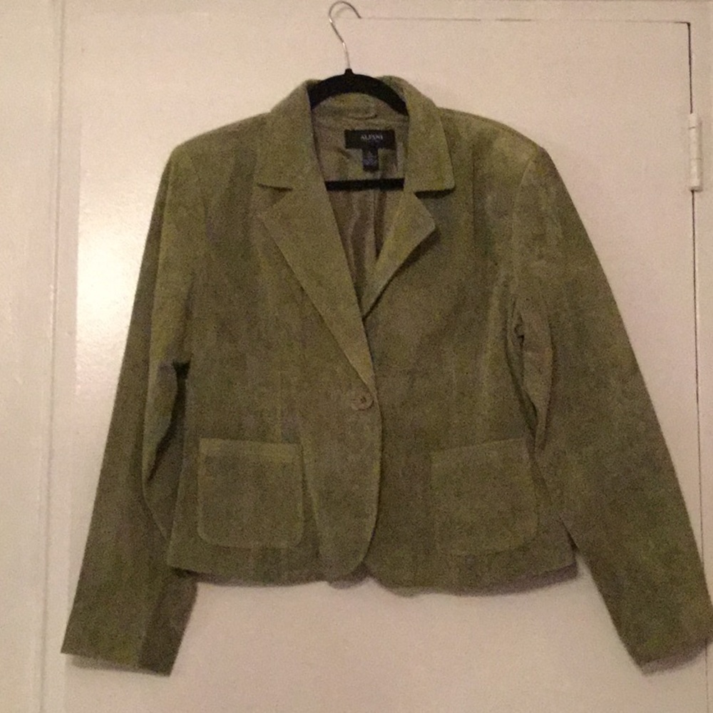 New, suede, olive color, short, fitted jacket